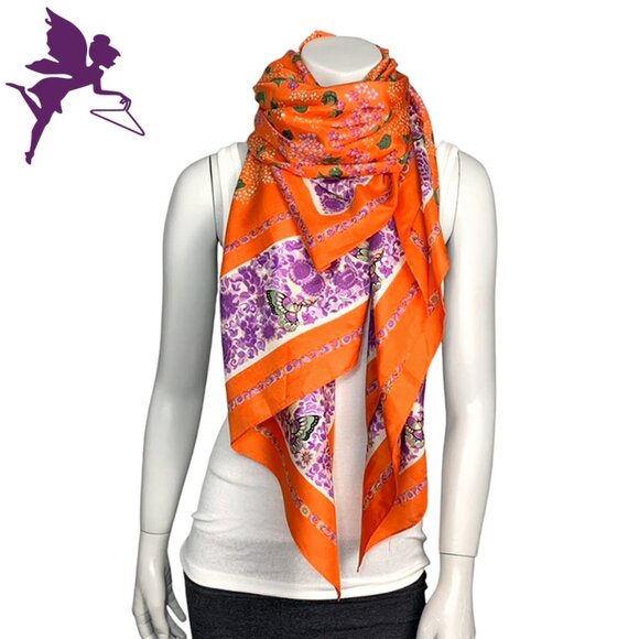 VINTAGE LOUIS FERARD Butterfly Floral XL Silk Scarf - Picture 1 of 9